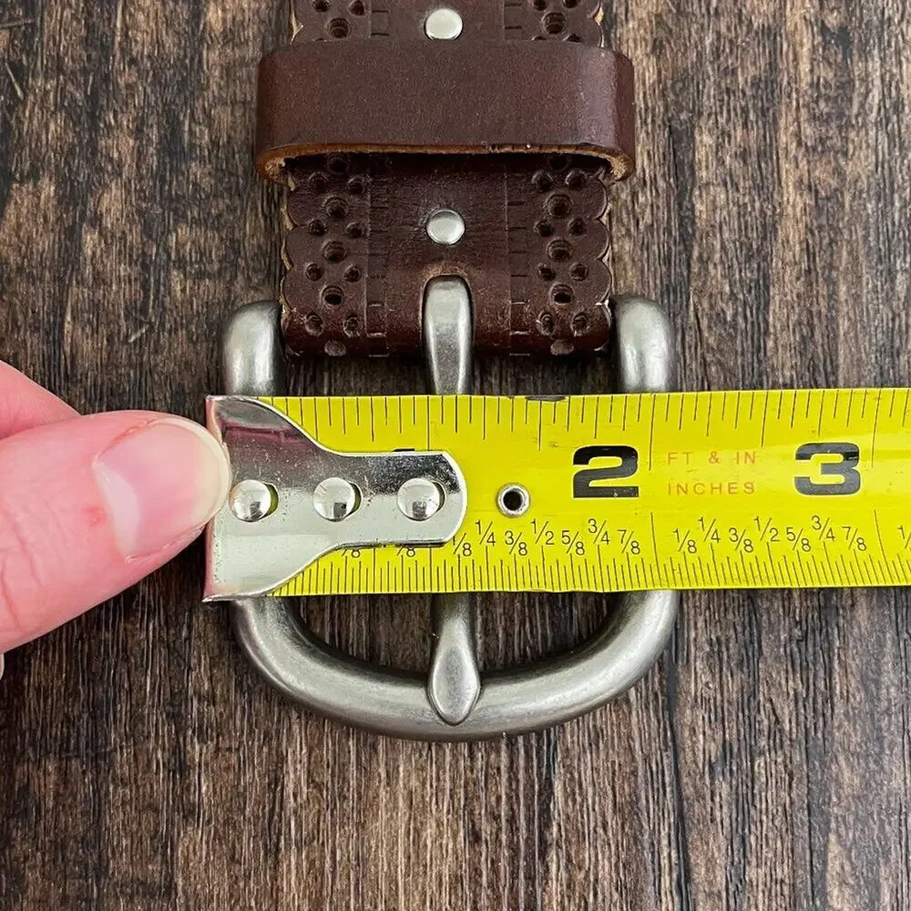 Laser Cut Belt Scallop Edge Solid Brass Buckle Bonded Leather Size Medium Brown